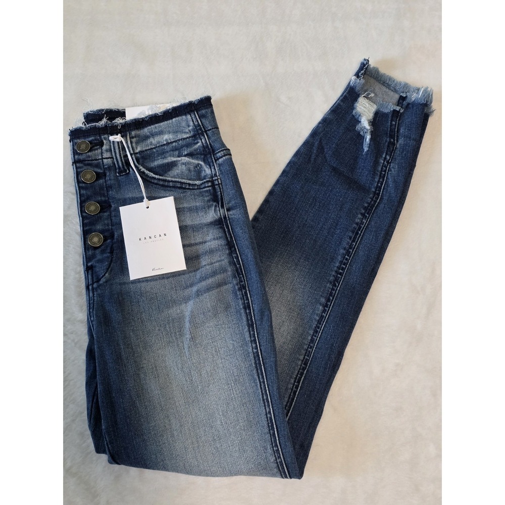 KanCan Los Angeles Womens 5/26 Fly Button Frayed Hem Denim Blue Skinny Jeans